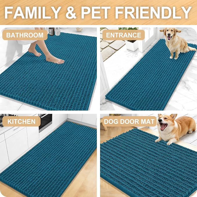 OLANLY Bathroom Rug Mat 59x35, Thick Soft and Absorbent Chenille Bath Mat, Non-Slip Rubber Backing, Machine Washable Quick Dry Bath Rugs for Tub Shower Floor, Home Decor Accessories, Peacock Blue
