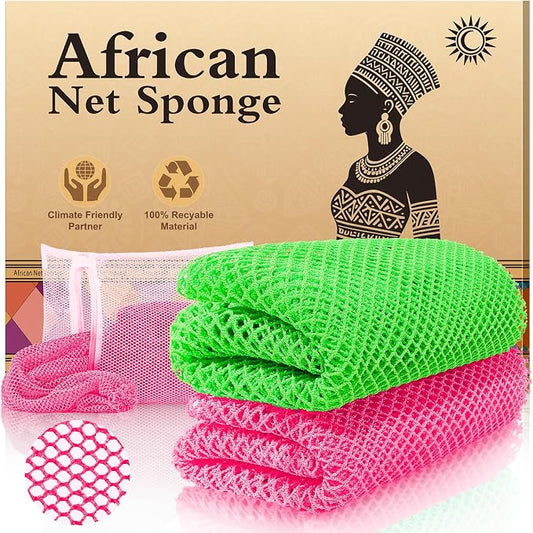 African Net Sponge Set (2 Pieces) - Premium Exfoliating Scrubber for Face & Body, Travel Portable, Durable, Gentle Exfoliation for Dry Skin(Pink,Green)