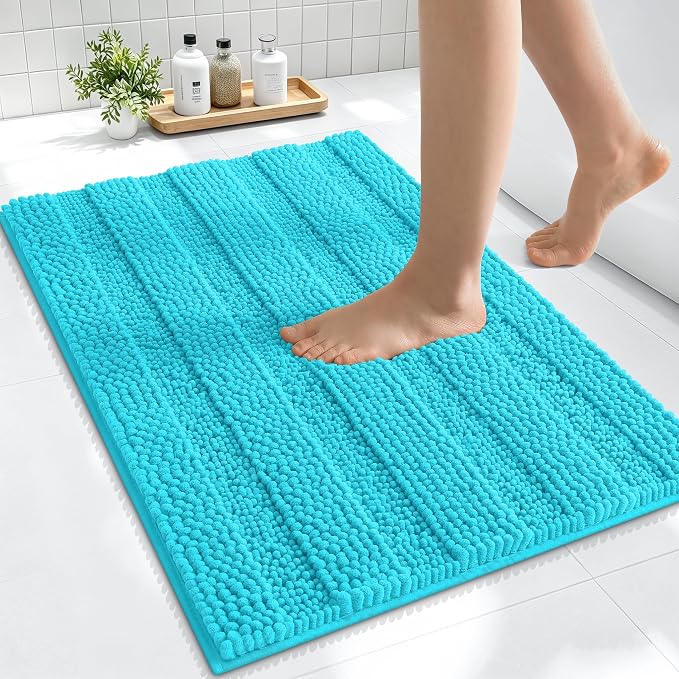 Smiry Thick Small Chenille Bathroom Rugs 24x16, Extra Soft Absorbent Striped Bath Mat, Machine Washable, Rubber Backing, Bath Rugs for Bathroom, Tub & Shower, Home Decor Accessories, Aqua Sky