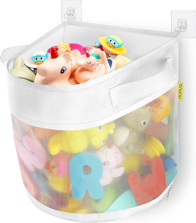 Bath Toy Storage, 4.15 Gallons Bath Toy Holder Wall-Mounted Shower Caddy Bottom Zipper Bathtub Toys Storage Mesh Organizer Bag, Quick Access Baby Shower Games Toys Organizer Accessory White (L)