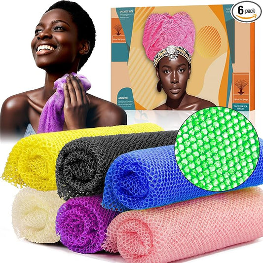 6 Pieces African Net Sponge – Effective Deep Cleansing and Exfoliating Mesh for Glowing Skin – Stretchable, Quick-Dry Exfoliating Bath Sponge(Pink, Yellow, Purple, Blue, Black, Off-White)