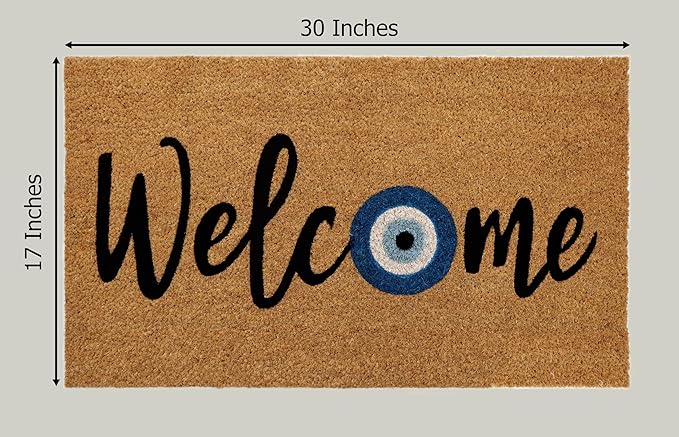 Croft&Cane Welcome Doormat - Evil Eye Coco Coir Door Mat - Non-Slip Dirt Trapping Low Profile Vinyl Backed Front Doormat for Indoor & Outdoor Use - Durable Easy Clean Patio Entryway Mat - 17x30 Inches