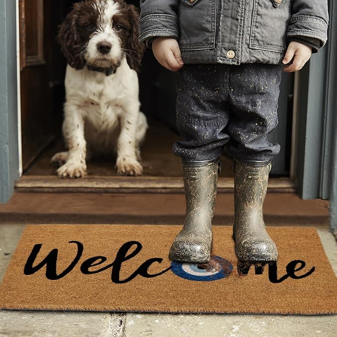 Croft&Cane Welcome Doormat - Evil Eye Coco Coir Door Mat - Non-Slip Dirt Trapping Low Profile Vinyl Backed Front Doormat for Indoor & Outdoor Use - Durable Easy Clean Patio Entryway Mat - 17x30 Inches