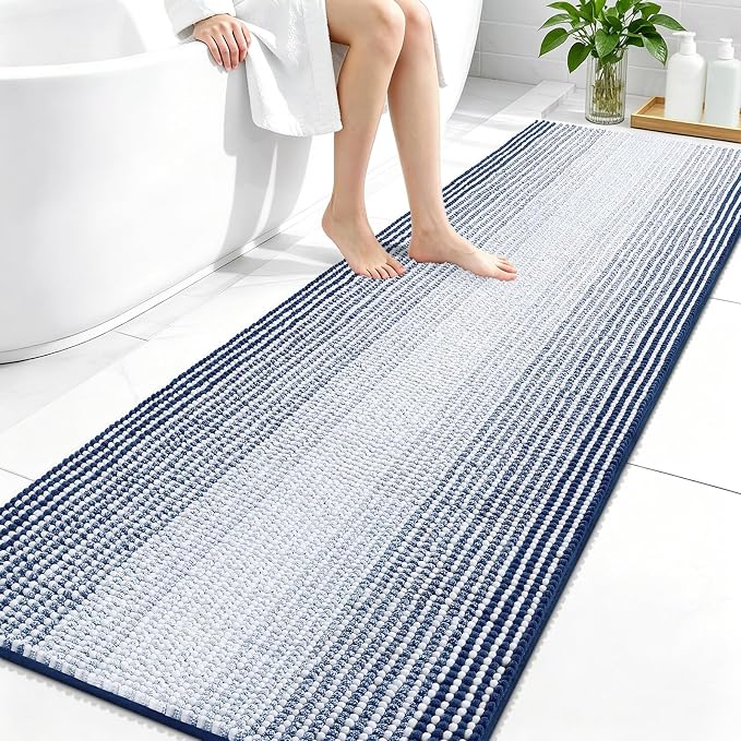 OLANLY Bathroom Runner Rugs 70x24, Extra Soft Absorbent Chenille Striped Bath Rugs, Rubber Backing, Machine Wash Dry, Long Bath Mats for Bathroom, Tub, Shower, Home Decor Accessories, Navy