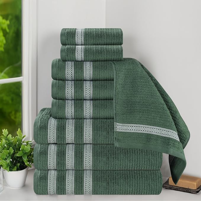 Superior Cotton 9-Piece Towel Set, Zero Twist, Ribbed Geometric, Bathroom Essentials, Shower, Spa, Luxury Plush Soft Absorbent Towels, Includes 3 Bath, 3 Hand, 3 Washcloth/Face Towels, Forest Green