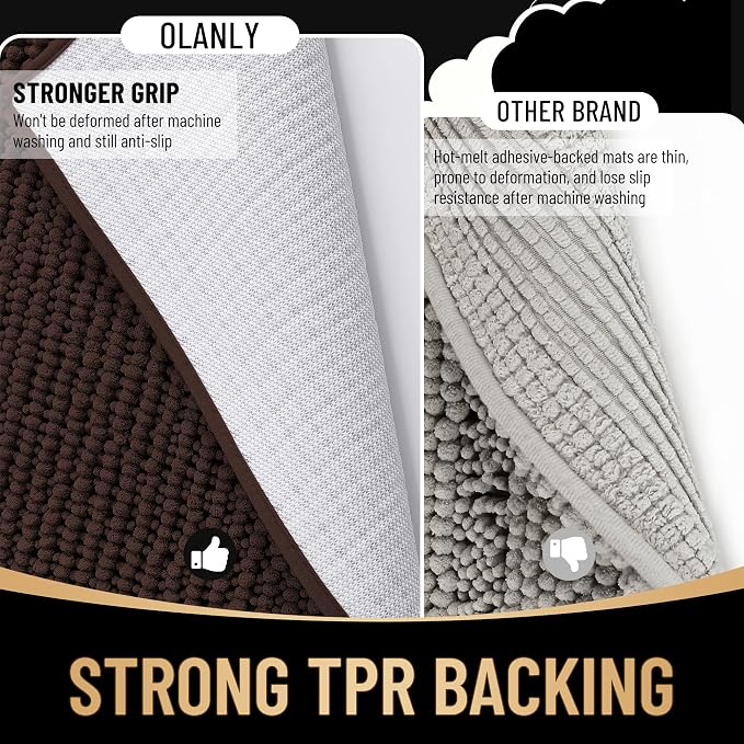 OLANLY Thick Bathroom Rugs 36x24, Extra Soft Absorbent Chenille Bath Rugs, Rubber Backing, Machine Wash Dry, Bath Mats for Bathroom Floor, Tub and Shower, Home Decor Accessories, Brown