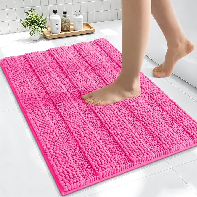 Smiry Thick Small Chenille Bathroom Rugs 24x16, Extra Soft Absorbent Striped Bath Mat, Machine Washable, Rubber Backing, Bath Rugs for Bathroom, Tub & Shower, Home Decor Accessories, Hot Pink