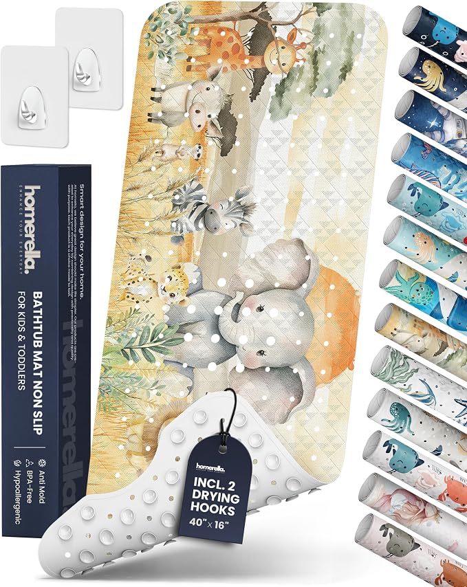 Bath Tub Mat Non Slip Anti Mold for Kids BPA Free INCL Hooks - homerella® Ocean Sea Animals 40x16, Baby Bath Mat Non Slip 200 Suction Cups, Non Toxic Machine Washable Toddler Bath Mat, EU Certified