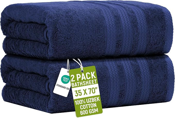 Bath Sheets 2 Pack Extra Large 35 x 70 Inches 600 GSM 100% Ring Spun Combed Uzbek Cotton Bath Towels Oeko-TEX Certified Soft Highly Absorbent Quick Dry – Navy