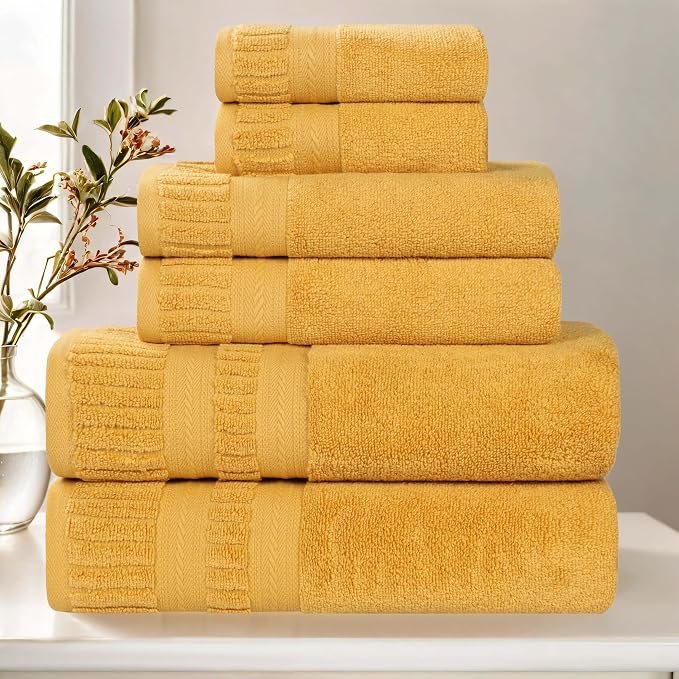 Superior Venice Zero Twist Cotton Medium Weight Towels, for Guest Bath, Bathroom, Shower, Spa, Plush Towels, Bath Essentials, Ribbed Textured Border, 6 Piece Assorted Towel Set, Gold