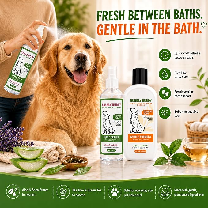 Dog Shampoo Set, Waterless Dog Shampoo Spray 8 oz Lavender & Tea Tree Scent + Hypoallergenic Itch Relief Shampoo 15.5 oz Green Tea Scent, No Rinse Dog Shampoo & Sensitive Skin Care Set