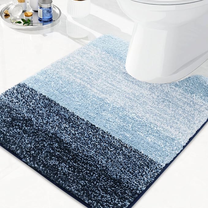 Arotive Microfiber Bathroom Rugs, Shaggy Soft and Absorbent Contour Toilet Rugs, Thick Plush Machine Washable Dry Bath Mats for Toilet Base, 24x24, Dark Blue, U-Shape