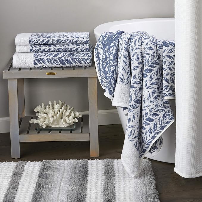 SKL Home Distressed Leaves 100% Turkish Cotton Premium 4-Piece Towel Set, 600 GSM, Soft & Absorbent Jacquard- 2 Bath Towels, 2 Hand Towels, Denim Blue