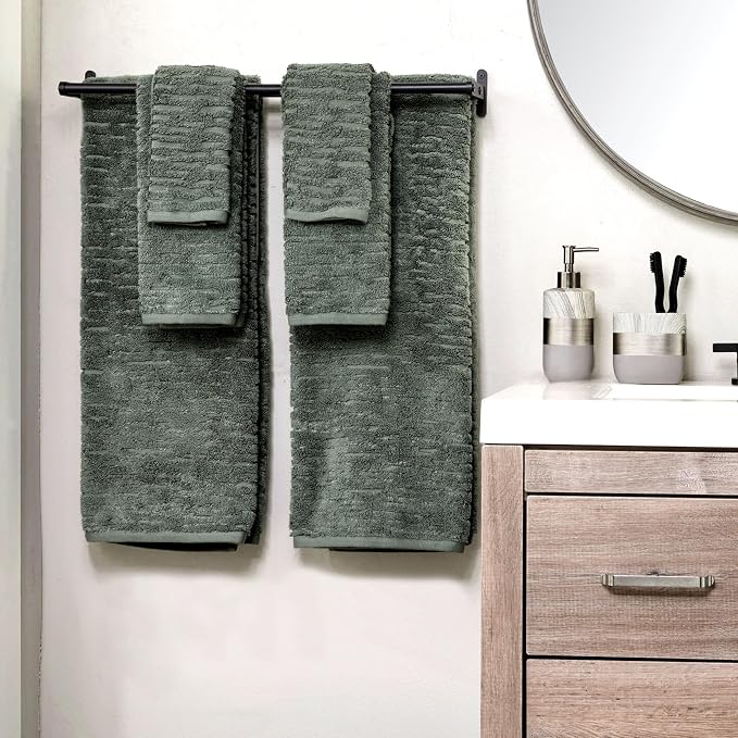 SKL Home CloudSoft 100% Cotton Luxury 6-Piece Towel Set, 600 GSM, Ultra Plush & Absorbent - 2 Bath Towels, 2 Hand Towels, 2 Washcloths, Green Pine