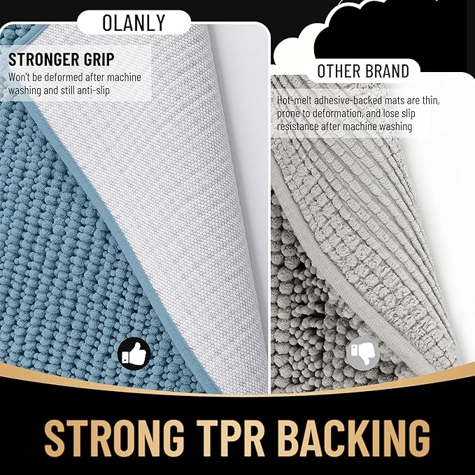 OLANLY Thick Bathroom Runner Rugs 44x24, Extra Soft Absorbent Chenille Bath Rugs, Rubber Backing, Machine Wash Dry, Long Bath Mats for Bathroom Floor, Tub and Shower, Home Decor Accessories, Airy Blue