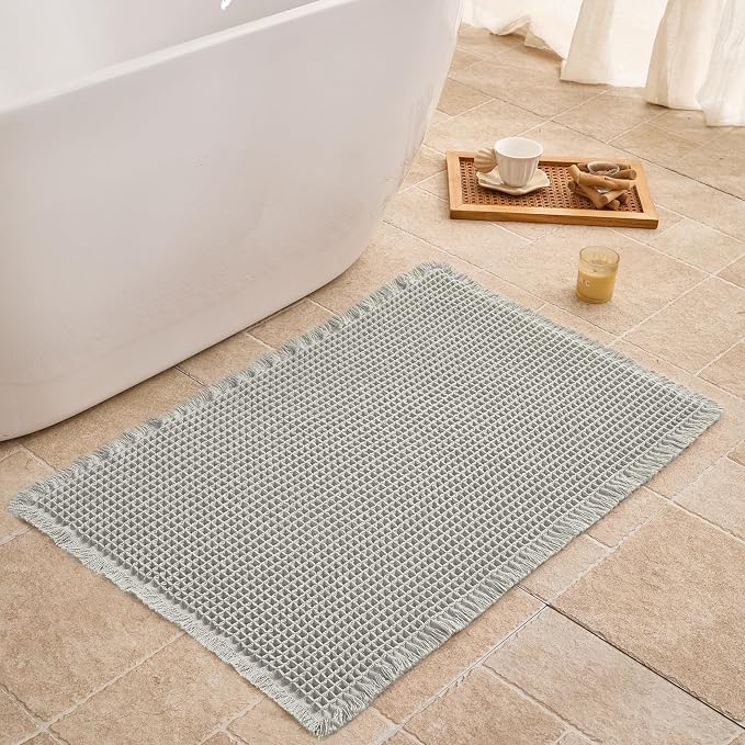 Waffle Bath Mat Non Slip, Boho Bathroom Rug, Super Absorbent Quick Dry Bathroom Mat, Soft Farmhouse Bath Rug with Tassels, Small Washable Shower Mats for Floor 16"x24", Light Grey