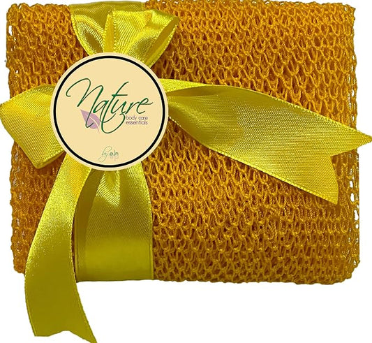 Net Bath Sponge, Customized Nature1 Weave, Long, Skin Exfoliation, African, Ghana, Porous, Stretches Horizontally to Approximately 49" (Yellow).