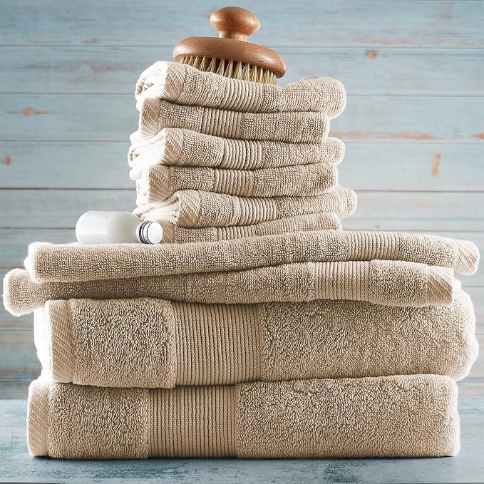 Hearth & Harbor Bath Towels for Bathroom - 100% Ring Spun Cotton Luxury Bathroom Towels - Ultra Soft & Highly Absorbent, Bath Towels Set of 10 - Beige Cream