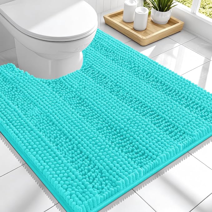 Smiry Thick Chenille Toilet Rugs U-Shaped 24x20, Extra Soft Absorbent Striped Contour Bathroom Rugs, Machine Washable, Dry Quickly, Bath Mat, Teal