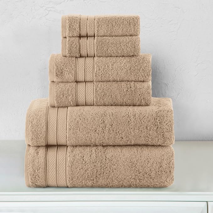 Elegant Comfort Luxury 6-Piece Towel Set, Premium Soft 100% Turkish Cotton, Three Line Popcorn Design 2 Bath Towels, 2 Hand Towels and 2 Washcloths Towel Set - Quick-Drying and Absorbent, Tan