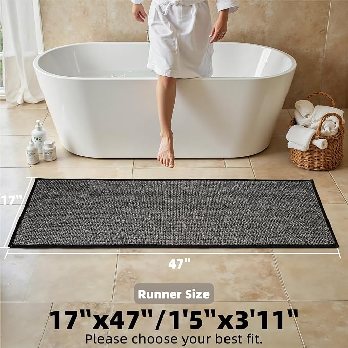 Long Bathroom Rugs Runner with Rubber-Backing, Braided Quick Dry Non Slip Bath Mat for Bathroom Floor Bathtub Sink, Woven Ultra Thin Door Mat, Machine Washable 17" x 47" Black&Grey