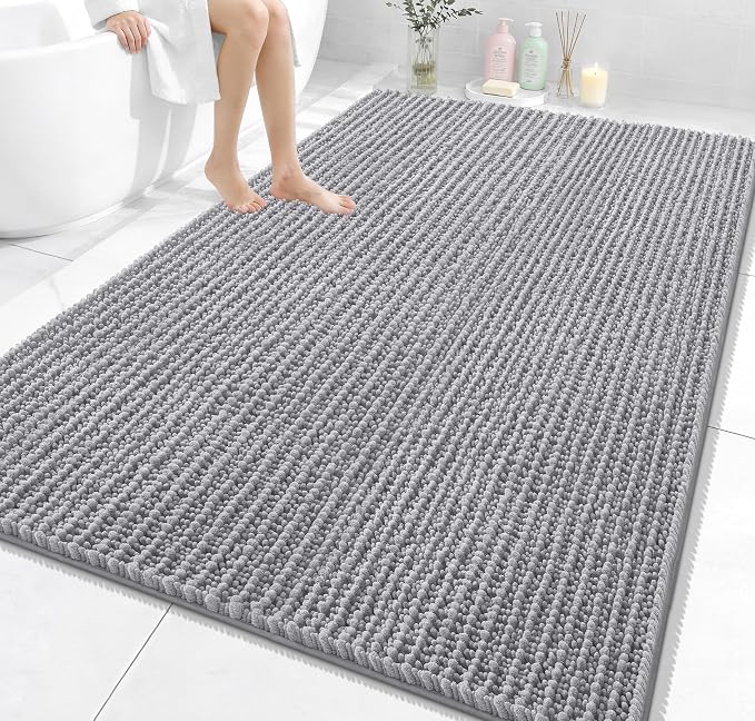 OLANLY Bathroom Rug Mat 70x46, Thick Soft and Absorbent Chenille Bath Mat, Non-Slip Rubber Backing, Machine Washable Quick Dry Bath Rugs for Tub Shower Floor, Home Decor Accessories, Grey
