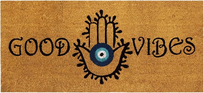 Croft&Cane Good Vibes Evil Eye Welcome Doormat – Extra Wide 17x39 Non Slip Natural Coco Coir Door Mat – Dirt Trapping Indoor Outdoor Large Entryway Rug for Wide Doorways Patio Porch High Traffic Areas