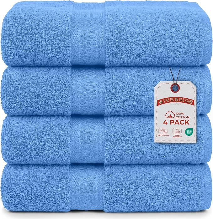 RIVERSIDE 100% Ring Spun Cotton Large Bath Towels Set of 4, 27 x 54 Inches – Quick Dry, Soft & Highly Absorbent Towels for Shower & Bathroom – Luxury 600 GSM Towels for Home, Spa, Gym, Electric Blue