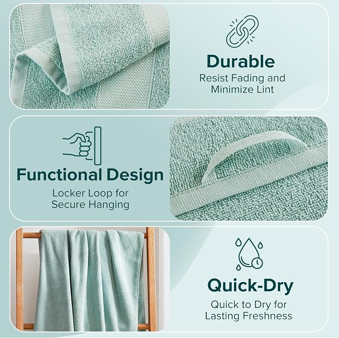 Comfort Spaces Turkish Bath Towel Set of 4 Piece 27x54 Medium 100% Cotton Towels Highly Absorbent Soft Quick Dry Shower for Bathroom Spa Seafoam Green