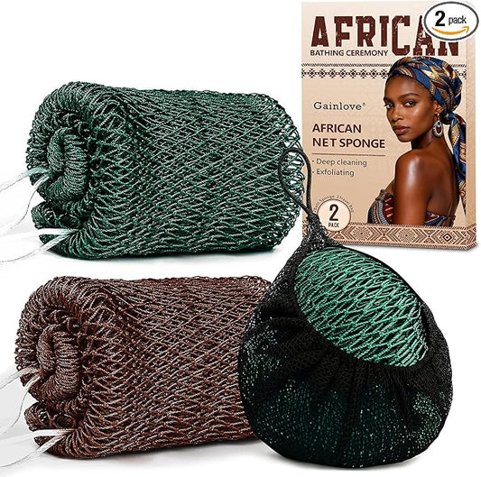 2 Pack African Net Sponge Exfoliating Body Scrubber Bath Sponge for Daily Use (Dark Brown+Dark Green)