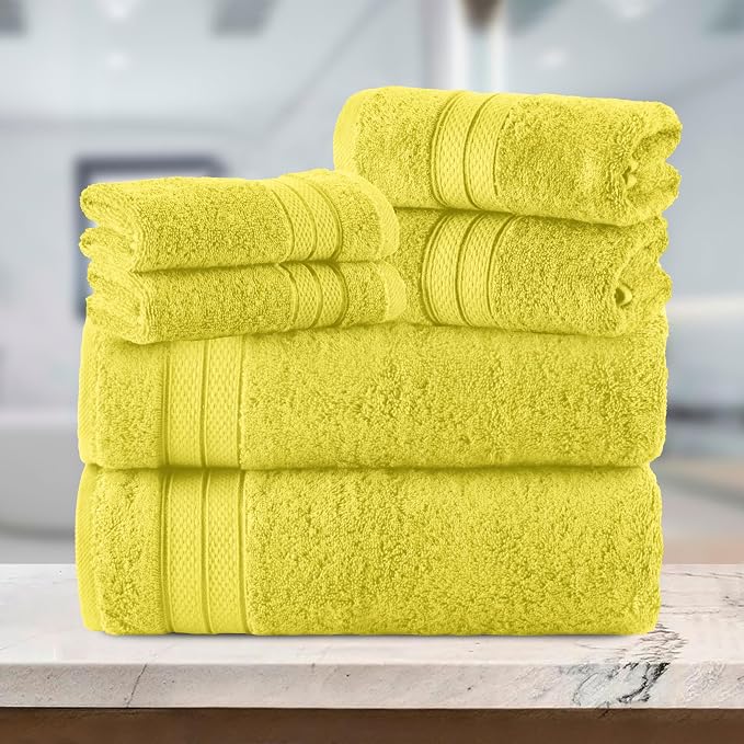 Elegant Comfort Luxury 6-Piece Towel Set, Premium Soft 100% Turkish Cotton, Three Line Popcorn Design 2 Bath Towels, 2 Hand Towels and 2 Washcloths Towel Set - Quick-Drying and Absorbent, Yellow
