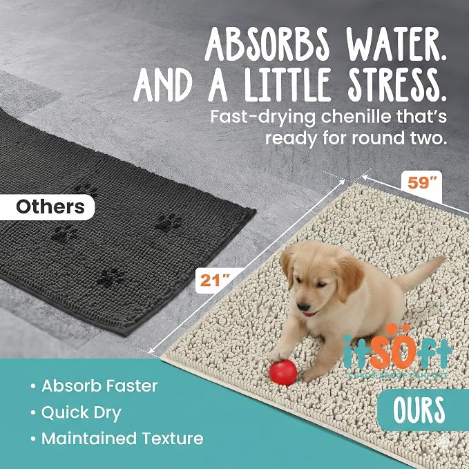 Dog Rugs for Muddy Paws 59x21 | Cleaner Mud Free Floors | Muddy Dogs Mats for Indoor, Dog Mat for Muddy Paws Door Mat Washable, Absorbent Chenille Mud Room Rug Paw Matt w/ Non Slip Backing, Wax White