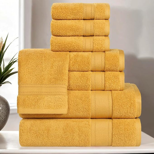 Superior Belmont Zero Twist Cotton Medium Weight Towels, for Guest Bath, Bathroom, Shower, Spa, Plush, Quick Dry, Ultra-Soft Towels, Bath Essentials, Thick Border, 8 Piece Assorted Towel Set, Gold