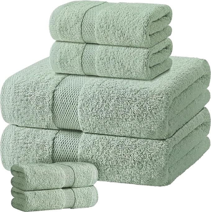 White Classic Mint Green Bath Towel Set of 6-100% Cotton Highly Absorbent Towels for Bathroom, 2 Luxury Bath Towels 650GSM, 2 Hand Towels, 2 Washcloths