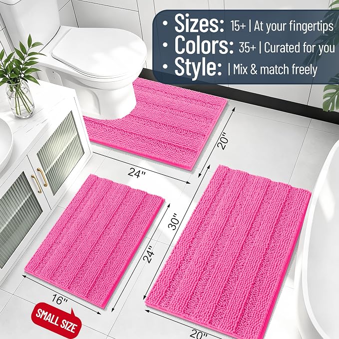 Smiry Thick Small Chenille Bathroom Rugs 24x16, Extra Soft Absorbent Striped Bath Mat, Machine Washable, Rubber Backing, Bath Rugs for Bathroom, Tub & Shower, Home Decor Accessories, Hot Pink