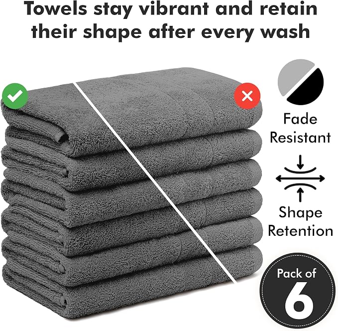 100% Ring Spun Cotton Hand Towels for Bathroom – 550 GSM Soft & Absorbent Towel Set– Pack of 6 Small Towel (34x20in) – Quick Dry Luxury Cotton Hand Towels – Dark Grey