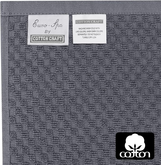 COTTON CRAFT Euro Spa Waffle Wash Cloth - Set of 12 Luxury Pure Ringspun Cotton Waffle Weave Bathroom Face Towel - Everyday Absorbent Hotel Gym Shower Beach Kitchen Travel Dorm - 12x12 inches - Grey