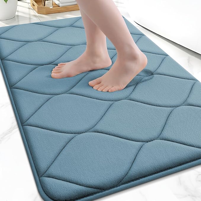 Smiry Memory Foam Bath Mat 24"x16", Ultra Soft Non-Slip Bathroom Rug, Plush Water Absorbent Quick Dry and Machine Washable Floor Mat for Shower, Tub & Home Decor, Airy Blue