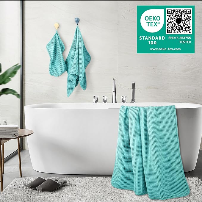 POLYTE 430 GSM Microfiber Quick Dry Lint Free Oversize Bath Towel Set, 6 Piece (Waffle Weave)