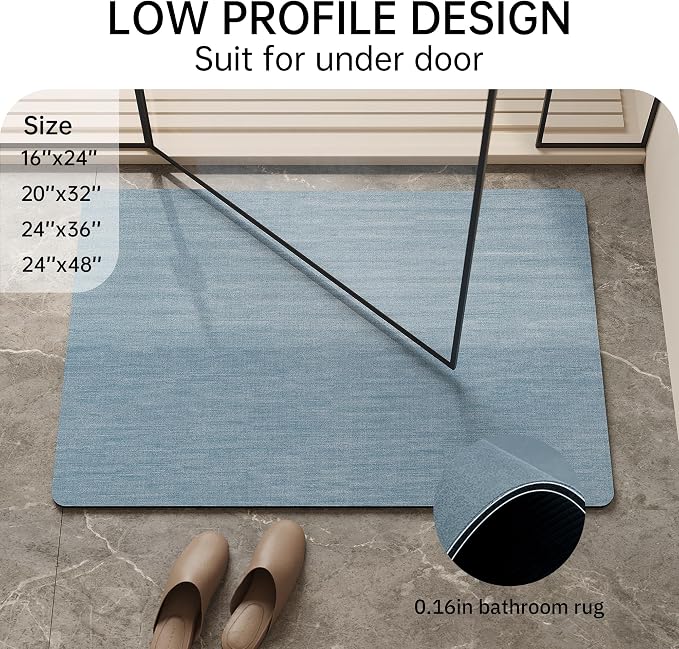 Mecko Bath Mat Rug, Rubber Non-Slip Quick Dry Absorbent Thin Bathroom Rugs Fit Under Door Bathroom Floor Mats-Shower Rug for in Front of Bathtub, Room Floor, Shower Room(Light Blue,16"x24")