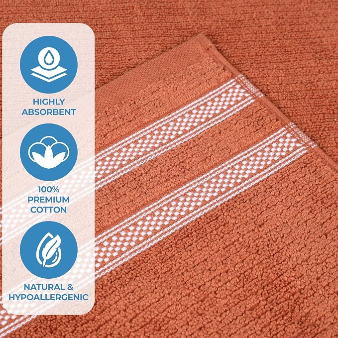 Superior Cotton 3-Piece Towel Set, Zero Twist, Ribbed Geometric, Bathroom Essentials, Shower, Spa, Luxury Plush Soft Absorbent Towels, Includes 1 Bath, 1 Hand, 1 Washcloth/Face Towel, Rust