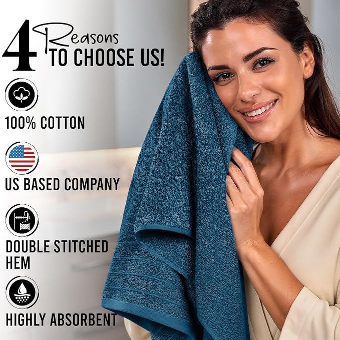 RIVERSIDE Pack of 4 Premium Extra Large Bath Towels 30 x 60 Inches, 100% Cotton, Super Soft & Highly Absorbent, Larger & Lighter Weight, Quicker to Dry, Perfect for Bathroom, Blue Opal
