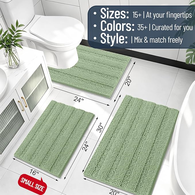 Smiry Thick Chenille Large Bathroom Rugs 59x35, Extra Soft Absorbent Striped Bath Mat, Machine Washable, Rubber Backing, Bath Rugs for Bathroom, Tub & Shower, Home Decor Accessories, Sage Green