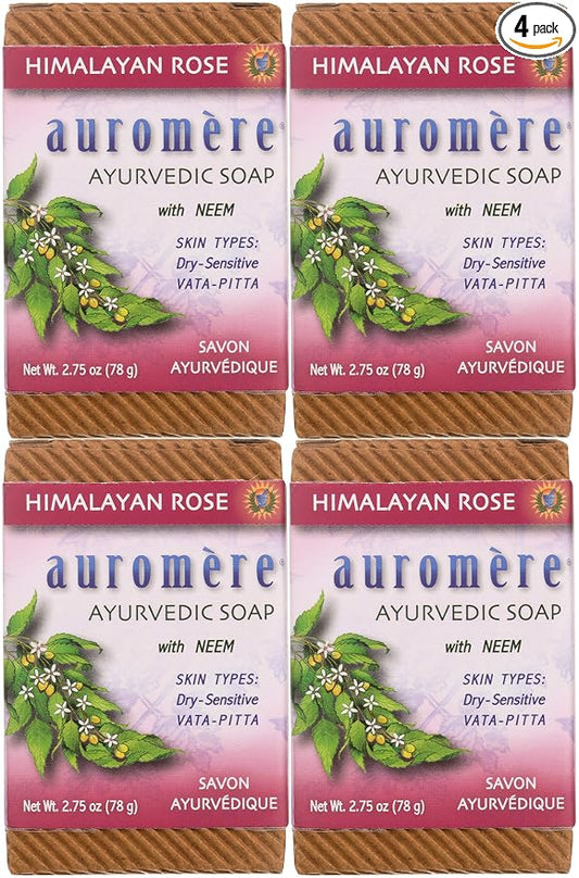 Auromere Ayurvedic Bar Soap, Himalayan Rose - Eco Friendly, Handmade, Vegan, Cruelty Free, Natural, Non GMO (2.75 oz), 4 pack