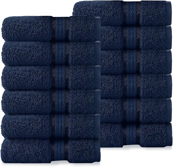 COTTON CRAFT Ultra Soft Washcloths - 12 Pack 100% Cotton Facecloths - Baby Wash Cloths - Absorbent Quick Dry Everyday Luxury Bathroom Kitchen Spa Gym Pool Dorm - Plush 580 GSM - 12x12 - Navy