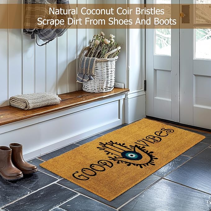 Croft&Cane Good Vibes Evil Eye Welcome Doormat – Extra Wide 17x39 Non Slip Natural Coco Coir Door Mat – Dirt Trapping Indoor Outdoor Large Entryway Rug for Wide Doorways Patio Porch High Traffic Areas