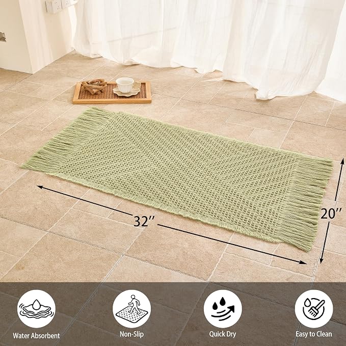Waffle Bath Mat Non Slip, Boho Bathroom Rug, Super Absorbent Quick Dry Bathroom Mat, Soft Farmhouse Bath Rug with Tassels, Small Washable Shower Mats for Floor 20"x32", Tassels Sage Green