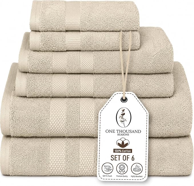 Premium Staple Cotton Bathroom Towel Set - Beige 600 GSM 6-Piece Luxury Bath Towel Set 3 Stripe - 2 Bath Towels, 2 Hand Towels & 2 Washclothes Set - High Absorbent & Quick Dry for Gym, Spa, Hotel