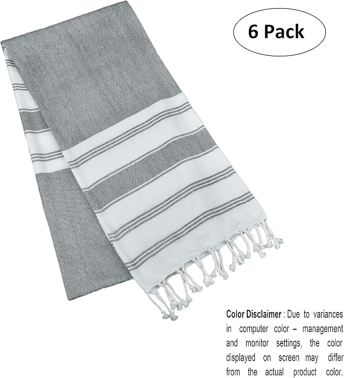 GLAMBURG Peshtemal Turkish Towel - Beach Towels Oversized 36x71 Set of 6, Soft Durable Absorbent Extra Large Bath Sheet Hammam Towel for Adults - Charcoal Grey