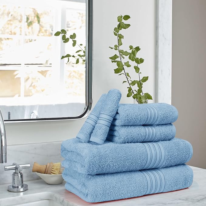 BOUTIQUO 6 Pack Cotton Towel Set, Contains 2 Bath Towels 28x55 inch, 2 Hand Towels 16x24 inch & 2 Wash Coths 12x12 inch, Ideal Everyday use, Ultra Soft Compact & Lightweight - Sky Blue